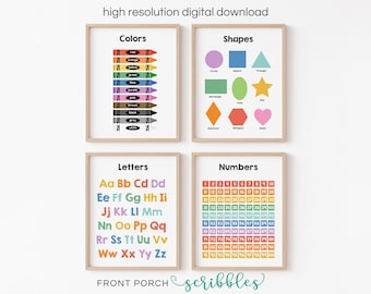 Elementary Learning Pack - Classroom Art Poster Printable - Colors Shapes Numbers Letters Alphabet - Preschool Kindergarten Homeschool