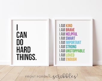 Positive Affirmations Duo, We Can Do Hard Things, Motivationsposter, Positives Klassenzimmer Dekor, Spielzimmer, Homeschool Klassenzimmer, Affirmation