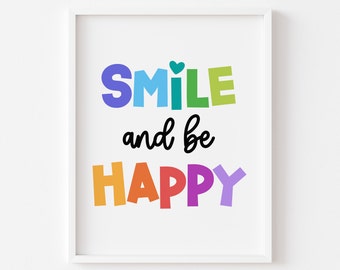 Souriez et soyez heureux, oeuvre d'art positive pour enfants, jolie décoration de salle de jeux, décoration de salle de classe, oeuvre d'art murale de chambre à coucher, posters positifs, posters enfants, Happy PS01