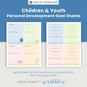 Könnte beinhalten: Druckbare Zielblätter für Kinder und Jugendliche. Die Blätter sind in vier Abschnitte unterteilt: spirituell, körperlich, intellektuell und sozial. Jeder Abschnitt bietet Platz für ein Ziel, wie man es erreicht, und kleinere Aktionen, die man unternehmen kann. Die Blätter zeigen Illustrationen einer Kirche, eines Buches, eines Fahrrads und einer Hand mit einem Herzen.