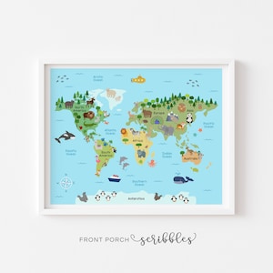 Weltkarte, Tiere der Welt, Weltkarte, Tierposter, Kinderdekor, Spielzimmerdekor, Klassenzimmerposter, pädagogisch, Klassenzimmer Kunst