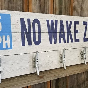 Custom Towel Rack No Wake Zone Lake House Decor Wood Rustic Sign With Marine Cleats