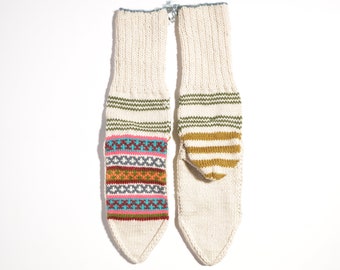 Handgestrickt Wollsocken, Merinowolle, Wintersocken, Strümpfe, traditionell, Folklore, weiß bunt Norweger Muster, Himalaya Trachten, Ethno