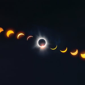 May include: A composite image showing the phases of a solar eclipse, with the sun and moon in various stages of alignment. The image shows the sun being gradually covered by the moon, culminating in a total eclipse.