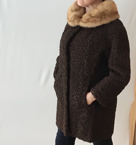 1960s Astrakhan Fur Coat w Mink Collar 1960s Astrakhan Fur Coat w Mink Collar