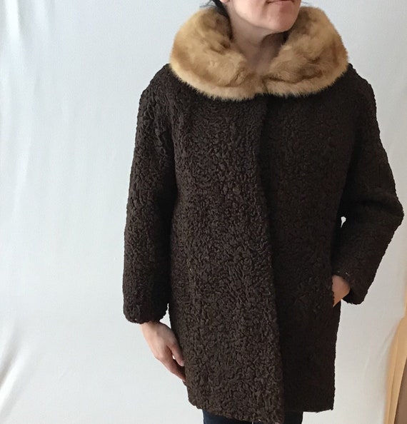 1960s Astrakhan Fur Coat w Mink Collar 1960s Astrakhan Fur Coat w Mink Collar