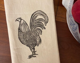 Cotton Tea Towel - Rooster Block Print