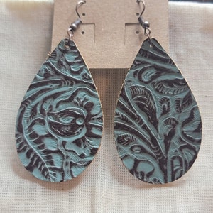 Tooled Leather Earrings. Turquoise Leathered Earrings. Embossed Leather Earrings. Floral Embossed Earrings. Genuine Leather Earrings.