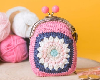 Crochet Sunflower Pouch, Granny square Coin Purse, Kiss lock Frame Wallet, Crochet Coin Purse Lining, Coin Purse for Women, Gift for Her