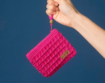 Wallet Crochet with Zipper, Minimalist Crochet Coin Purse, Fuchsia Pink Wallet, Imitation Waffle Pouch, Handmade Purse, Gift for Her