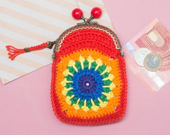 Rainbow Crochet Purse, Granny Square Crochet Purse, Granny Square Bag, Crochet Knit Rainbow Coin Change Holder, Rainbow Purse, Gift for Her