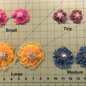 Pu&ograve; includere: Quattro paia di fermagli per capelli a forma di fiore in tessuto di diverse dimensioni: minuscolo, piccolo, medio e grande. I fermagli sono in pizzo e hanno dettagli di perle. I fiori sono in tonalit&agrave; di rosa, giallo e blu.