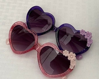 Kids Glitter Heart-Shaped Sunglasses with Floral Accent