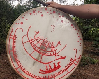 22 Inch Tunable Goat Hide Drum Futhark Runes and Petroglyph Art | Shaman Drum | Viking Drum | Norse Pagan Drum |