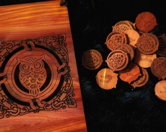 Engraved Owl Cedar Wood Runes with Box: Elder Futhark Viking Runes
