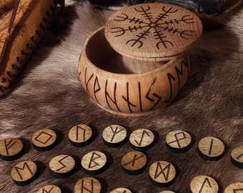 Hand Turned Alder Box of 24 Wood Runes Round Small Mini Rune Set Raw Elder Futhark