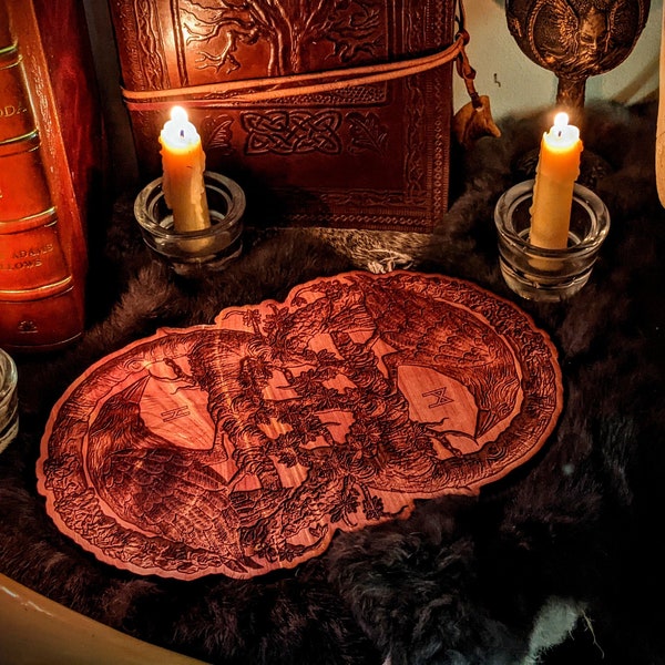 Huginn + Muninn Odin's Ravens Cedar Engraved Altar Plate | Norse Pagan | Asatru Altar