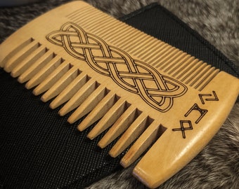 Custom Rune Initials Sandalwood Beard Comb Viking Knotwork