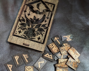 Elder Futhark Runes: Birch, Moon, Bat & Flower Engraved - with Box