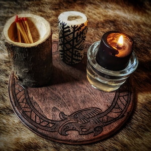 Jörmungandr Norse Dragon Snake Altar Plate Wood Disc Asatru Heathen Pagan Decor
