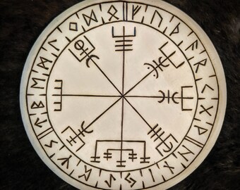 Vegvisir altaarplaat, natuurlijk hout of bruin vlierhout, Futhark runen, Asatru, heidens, Noors, paganistisch