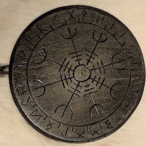 Helm of Awe Heathen Altar Plate Asatru Norse Pagan Decor Wood Elder Futhark Runes