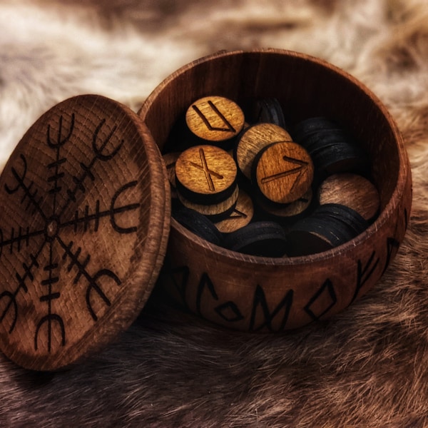 Hand Turned Alder Wood Box of 24 Dark Wood Runes Round Small Rune Set