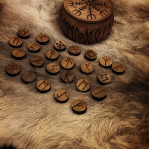 Round Runes Hand Turned Alder Wood Box of 24 Dark Wood Runes Round Small Rune Set ...