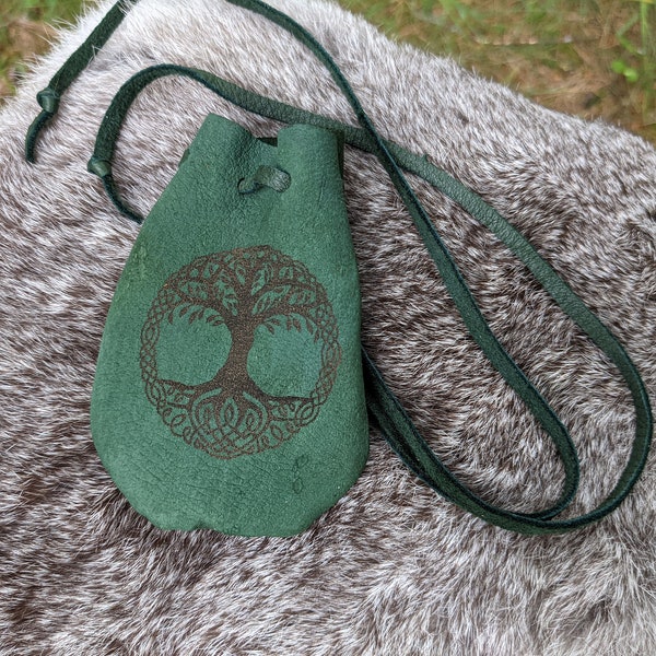 Sac à pharmacie vert yggdrasil en cuir daim 2 x 3,5 pouces pochette runique scandinave païen
