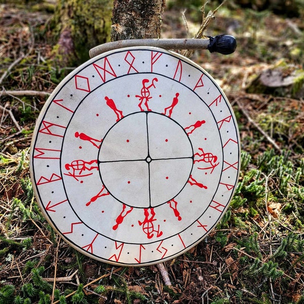 22 Inch Tunable Goat Hide Drum Futhark Runes and Petroglyph Art | Shaman Drum | Viking Drum | Norse Pagan Drum |