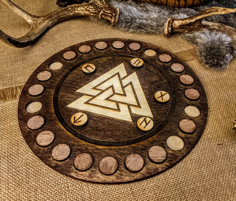 Round Runes Round Birch Rune Set With Valknut Tray Recessed Rune Storage Altar ...