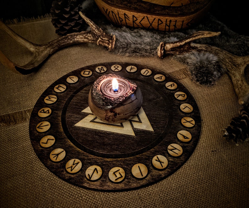 Round Birch Rune Set With Valknut Tray Recessed Rune Storage Altar ...