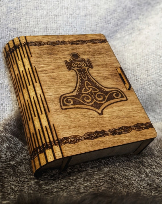 Mjolnir Altar Stash Box Wooden Book Living Edge Locking Heathen Asatru Rune
