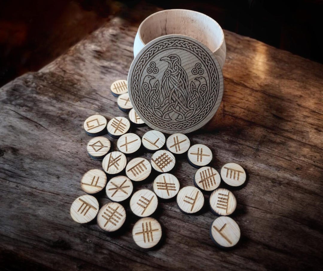 Morrigan's Runes Ogham Stave Rune Set and Morrigan Crow Box Hand Turned Alder Wood Box ...