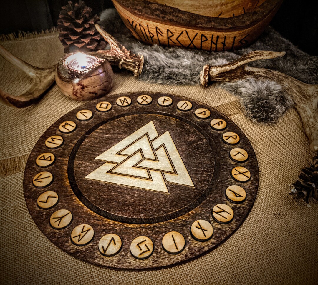 Round Birch Rune Set With Valknut Tray Recessed Rune Storage Altar ...