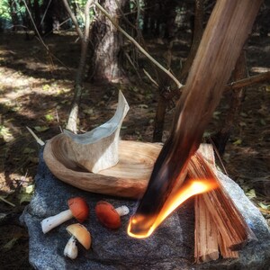 May include: A wooden stick with a flame burning at the end, resting on a rock with a wooden bowl and three orange mushrooms. The scene is set in a forest with trees and leaves in the background.