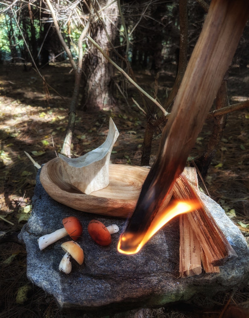 May include: A wooden stick with a flame burning at the end, resting on a rock with a wooden bowl and three orange mushrooms. The scene is set in a forest with trees and leaves in the background.