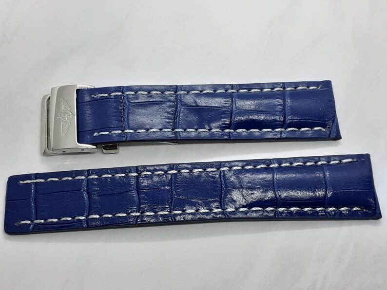 22mm Blue Leather Watch Strap Belt With Stainless Steel Etsy