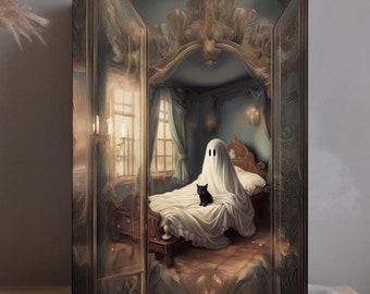 Lámina vintage de fantasmas y gatos: Arte espeluznante de Halloween (descarga digital)