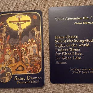 St. Dismas Holy Card with Gold Foil Border. It is 2.75" x 4.25"with rounded corners