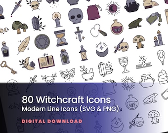 80 Witchcraft Line Icons: Modern Mystic SVG PNG Bundle (Digital Download)