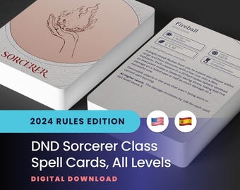 Sorcerer Spell Cards: DND 2024 Edition, All Levels (Printable PDF)