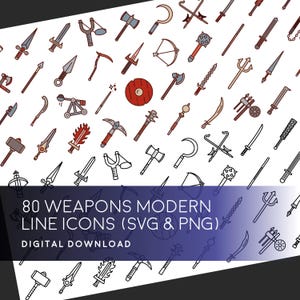80 icônes de ligne et de couleur d'armes | vectoriels SVG et PNG MDN | Icône NPD | Armes du MDN | Graphique du MDN | Ressources du SM | D&D svg | fichiers svg dnd