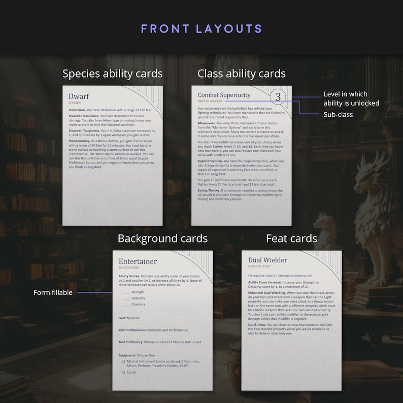 Four sample ability card layouts for D&D: Dwarf species, Combat Superiority class feature, Entertainer background, and Dual Wielder feat, showing labeled form-fillable fields and layout details such as character level at which the ability is unlocked and a label for subclasses.