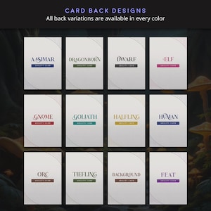 Nine D&D ability card back designs showing species options: Aasimar, Dragonborn, Dwarf, Elf, Gnome, Goliath, Halfling, Human, Orc, Tiefling, Background, and Feat, each with clean typography and color variations
