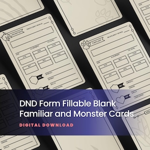 Puede incluir: Un conjunto de tarjetas en blanco rellenables de Dungeons and Dragons. Las tarjetas son de color blanquecino con texto y bordes negros. Las tarjetas están etiquetadas como "Monstruo" y "Familiar" con espacios para estadísticas como Fuerza, Destreza e Inteligencia. También se ve el texto "Descarga digital".