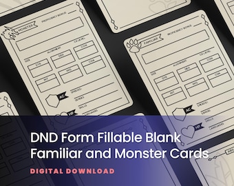 Blank DND Familiar and Monster Cards: Form Fillable RPG Cards (Digital Download)