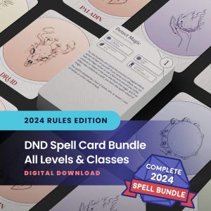 Puede incluir: Un conjunto de cartas de hechizos de D&D con varias ilustraciones y texto. Las cartas presentan hechizos como "Detectar magia" y nombres de clase como "Paladín" y "Druida". La imagen incluye el texto "2024 Rules Edition" y "DND Spell Card Bundle All Levels & Classes."