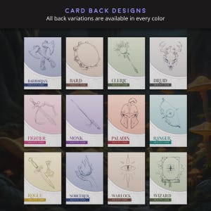 A set of D&D class ability card backs featuring Barbarian, Bard, Cleric, Druid, Fighter, Monk, Paladin, Ranger, Rogue, Sorcerer, Warlock, and Wizard; each with unique illustrated weapon icons