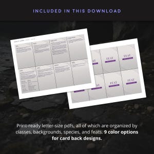 Preview of printable D&D ability card PDFs showing Feat cards laid out on letter-size pages with a note about nine color options for card back designs.